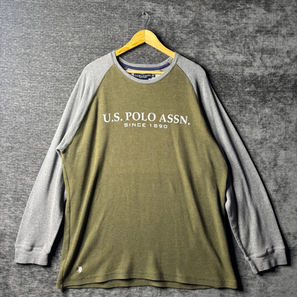 US Polo Assn Mens 3XL Waffle Knit Raglan Shirt Olive Green Grey Long Sleeve Tee